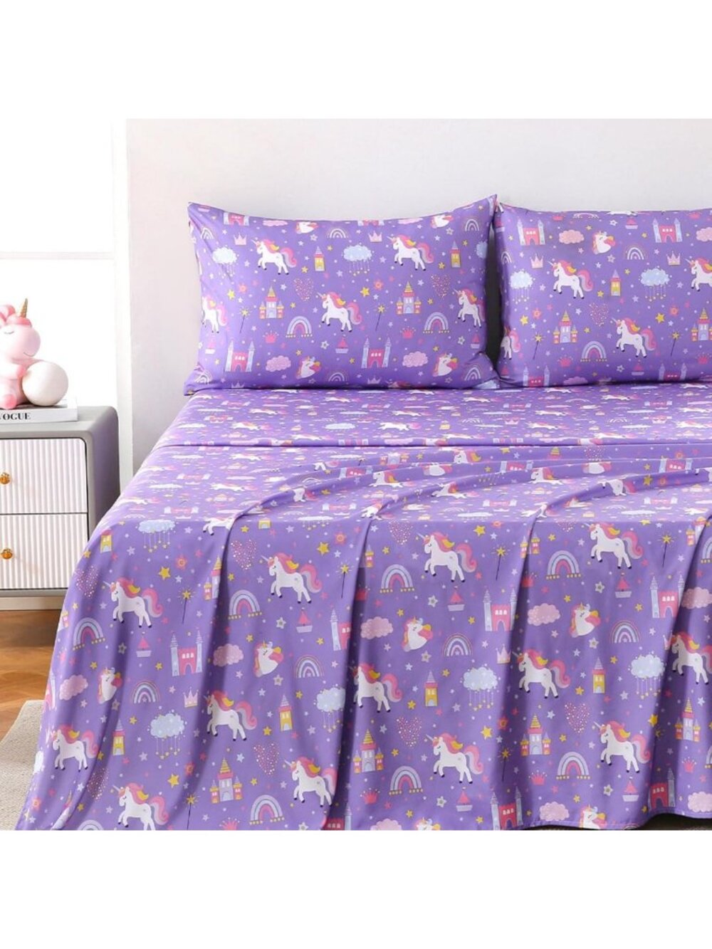 Cozy Purple Unicorn Queen Sheet Set for Kids & Teens, 4-Piece Microfiber Bedding